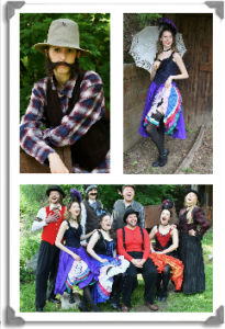 3 photos of Natasza in costume as Janina/Jan. Photo 1: Jan is wearing a large hat and larger sideburns. Photo 2: Janina is wearing a can-can dress. Photo 3: The whole cast is posing together and laughing. 