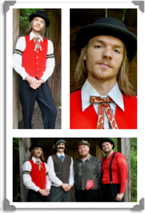 3 photos of Colby in costume as George. Photo 1: George is leaning against the side of a building wearing a bright red vest and white shirt. He is also wearing a small bowler hat. Photo 2: A headshot of George wearing the same outfit. Photo 3: George posing with other members of the cast.