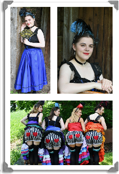 3 photos of Kaylee in costume as Wendy. Photo 1: Wendy is wearing a blue can-can dress. Photo 2: Wendy is sitting backwards on a wooden chair. Photo 3: 4 cast members wearing can-can dresses are exposing their bloomers.