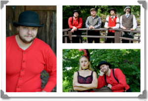 3 photos of Landon in costume as Oliver. Photo 1: Oliver is wearing a bowler hat and a bright red sweater. Photo 2: Oliver is leaning over a fence with the other cast members. Photo 3: Oliver is staring with adoration at Joan.