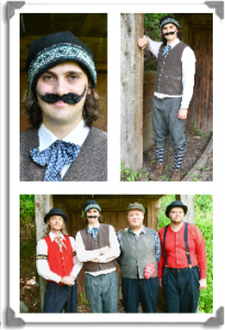 3 photos of Marco in costume as Olaus. Photo 1: Headshot of Olaus wearing a fake moustache. Photo 2: Olaus leaning against a building. Photo 3: Olaus standing with 3 other cast members.