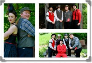 3 photos of Noah in costume. Photo 1: Noah and Alex leaning back to back. Noah is wearing a green vest and a plaid shirt. Photo 2: Noah standing beside other cast members. Photo 3: Noah leaning on a bench beside other cast members.