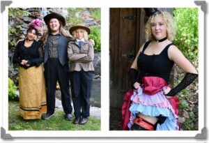 Two photos in a frame. The first photo shows Maya, Noah, and Acacia standing side by side in costume. Acacia has her arms folded with a sour expression on her face. The second photo shows Acacia in a cancan dress.
