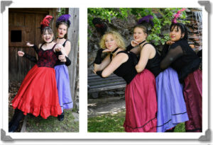 Two photos in a frame. The first shows Freya catching Charlotte as she falls. The second shows a line of cancan dancers, with Freya in the middle.