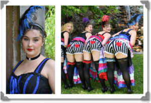 Two photos in a frame. The first is a headshot of Rhythm, showing off her blue cancan dress. The second is a line of cancan dancers showing off their bloomers. Rhythm is the last dancer in line.