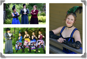 3 photos of Freya in costume. Photo 1: Freya with Emily and Jess. Photo 2: Freya and the other women showing their bloomers. Photo 3: Freya smiling