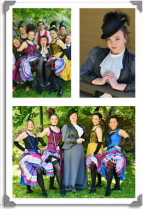 3 photos of Jess in costume. Photos 1 and 3 are group shots of the other women surrounding Jess. They are wearing cancan dresses while she is wearing a more formal grey outfit. Photo 2 is a headshot of Jess