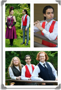 3 photos of Maged in costume. Photo 1: He is standing beside Tarn. Photo 2: He is playing a flute. Photo 3: He is leaning on a bridge railing with Miller and Mason